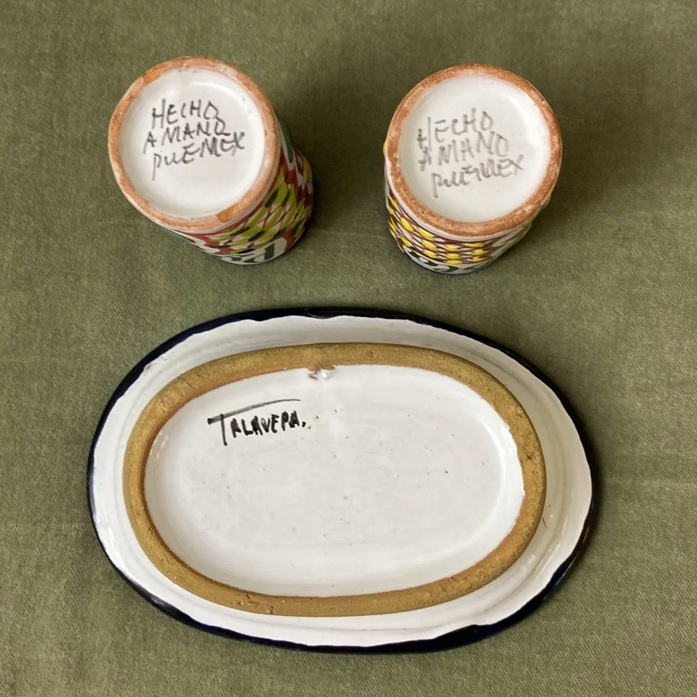 Colorful Talavepa Puebla Ceramic cups shot glasses dish tray.  #09